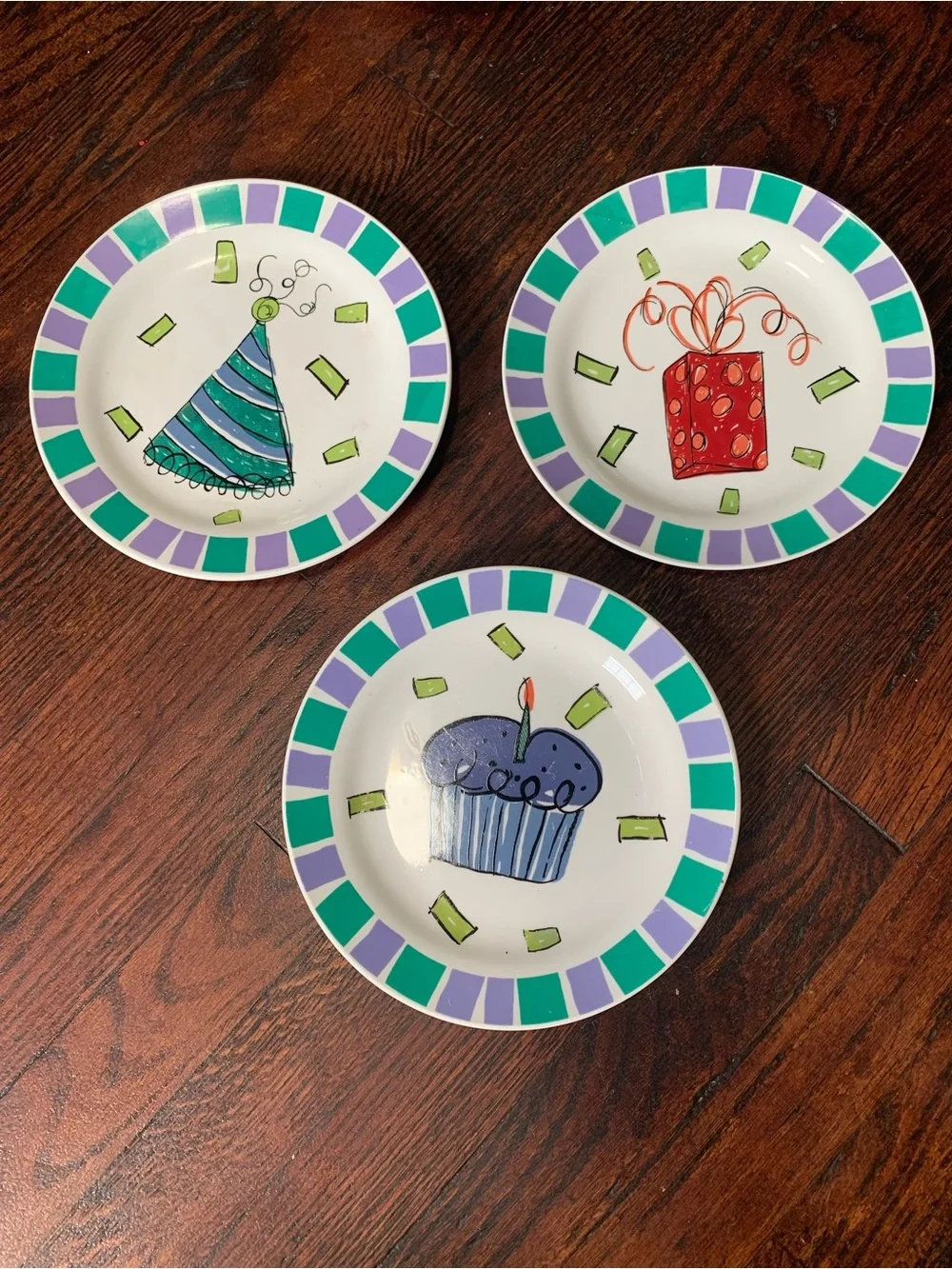 Vintage TAG Year 2000 Hand Painted Ceramic Birthday Cupcake 3 Dessert Plate Set